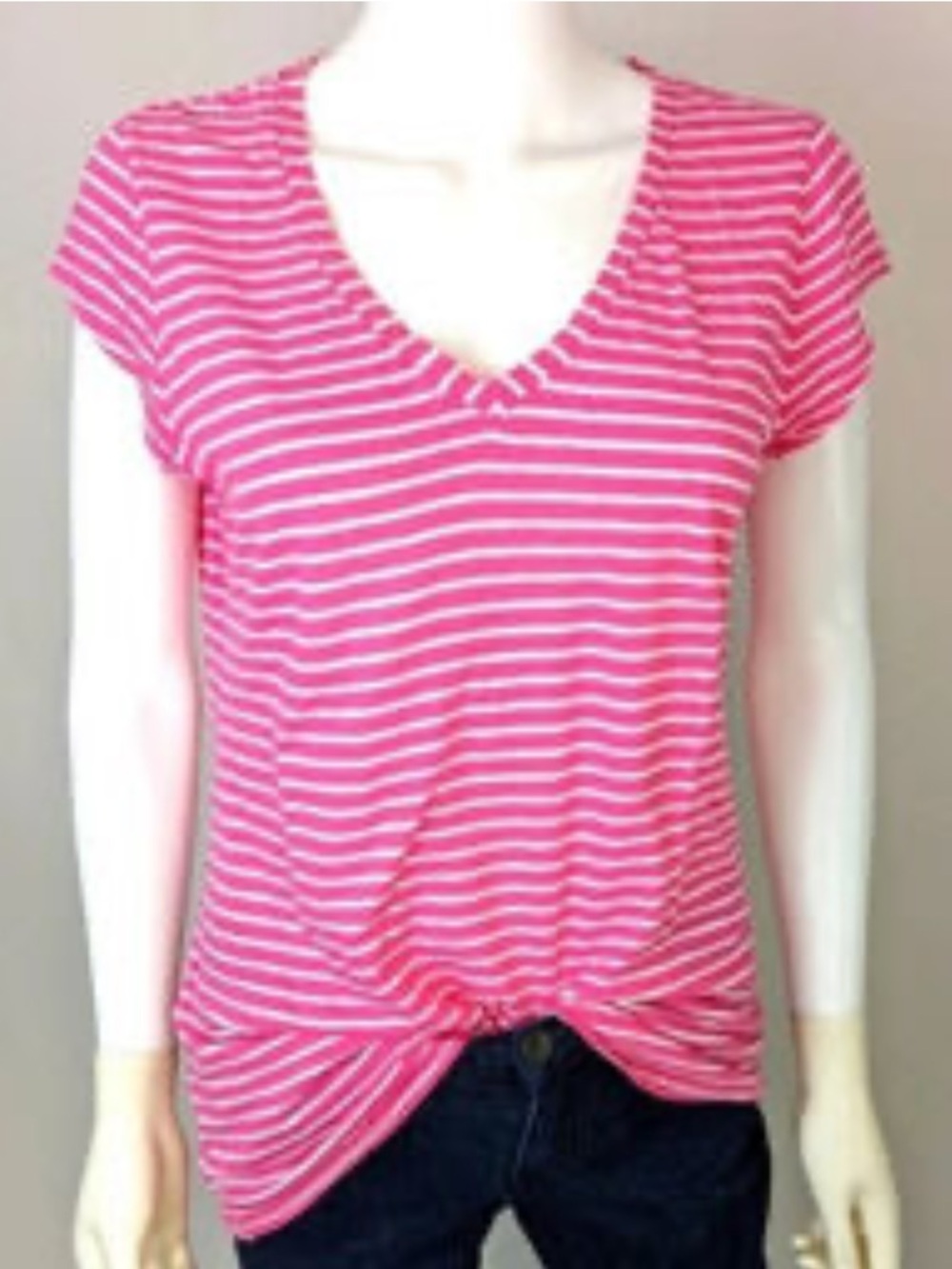 crown & ivy Hot Pink and White Stripe V‑Neck Tee